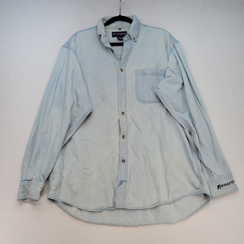 Swingster Vintage Denim Shirt Men Large Thrashed Blue Wingfoot Goodyear Workwear